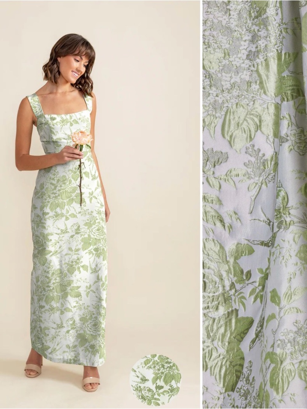 Light Green Floral Square-Neck Maxi Dress